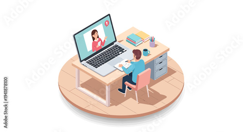 Isometric illustration of a person working on a laptop with video call