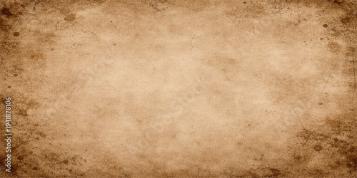 A blank sheet of ancient aged parchment with a brown grunge paper texture and stained vintage design creates a worn antique surface pattern on this dirty retro wall background