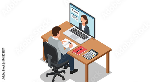 Vector illustration of man working on computer with video call