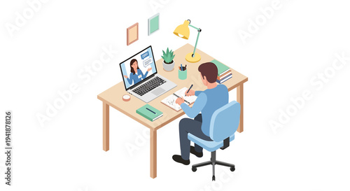 Vector illustration of man working on laptop at desk