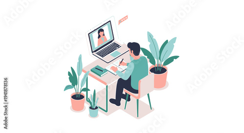 Vector illustration of a person working on laptop with video call