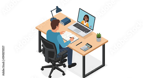 Vector illustration of man working on laptop with video call