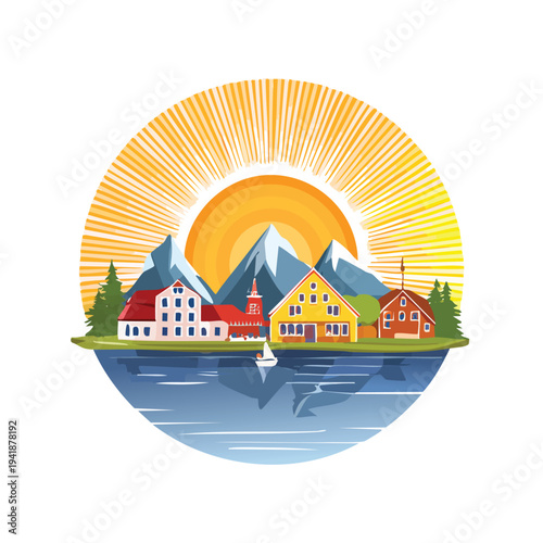 Scenic illustration of a village with mountains and a sunrise