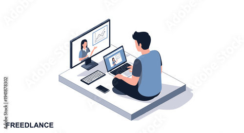 Wallpaper Mural Freelance worker with laptop and computer vector illustration Torontodigital.ca