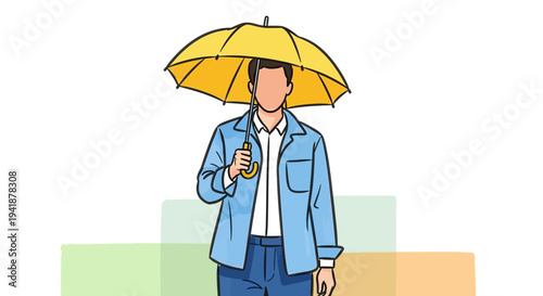A cartoon man holding a yellow umbrella on a rainy day