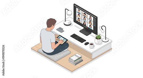 Vector illustration of man sitting on floor with laptop and computer