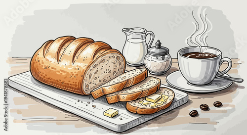 A warm and inviting breakfast scene with bread and coffee