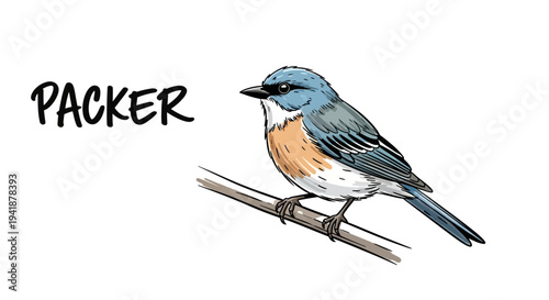 A colorful bird perched on a branch with the word PACKER