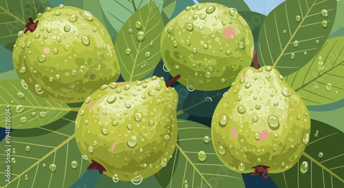 Fresh Guava Fruits with Dew Drops on Green Leaves
