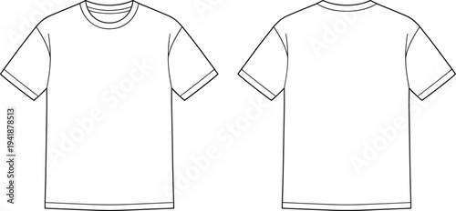 Blank t-shirt technical flat sketch front and back view short sleeve crew neck unisex vector template fashion apparel illustration