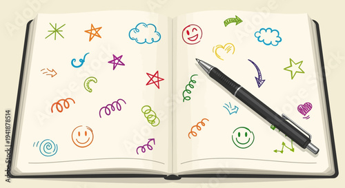 A notebook with colorful doodles and a pen on top