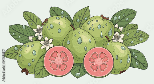 Fresh Guava Fruits with Leaves, Flowers, and Dew Drops Vector Illustration