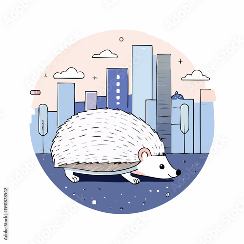Illustration of a Hedgehog in Cityscape.