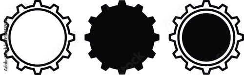 Gear cogwheel icon set three variations outline solid silhouette black white vector illustration mechanical engineering industrial machinery design template
