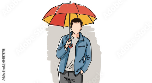 A cartoon man holding a colorful umbrella on a rainy day