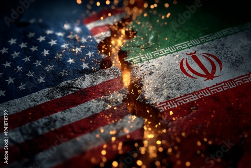 US and Iran flags, cracked down the middle, symbolizing conflict. suggesting intense heat and underlying tension. The lighting is dramatic, with a dark, atmospheric background that accentuates the glo