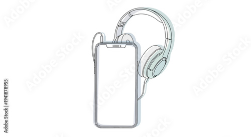 A smartphone and headphones are shown in a simple line drawing