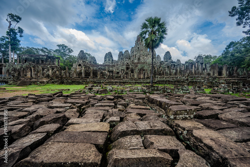 Ancient stone ruins of Bayon Temple in Angkor Thom Cambodia