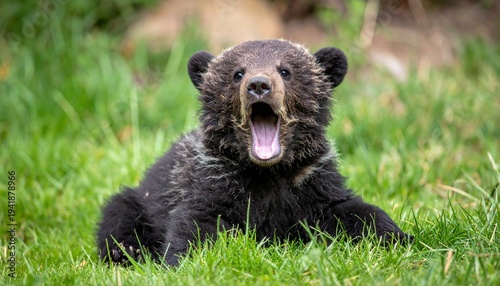Foto Cute Brown Bear Cub Growling on Grass