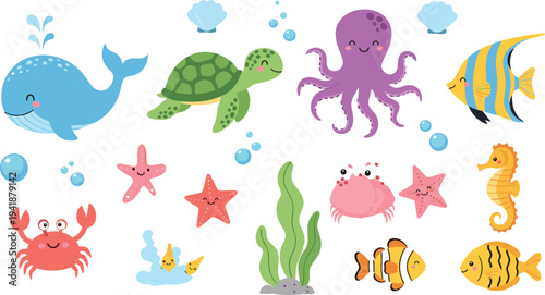 Cute Ocean Sea Animals Cartoon Vector Set with Whale, Turtle, Octopus, Fish, Crab, Seahorse and Starfish for Kids Marine Illustration Design.