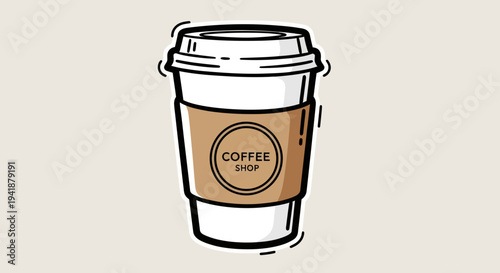 A cartoon illustration of a coffee cup with a brown sleeve