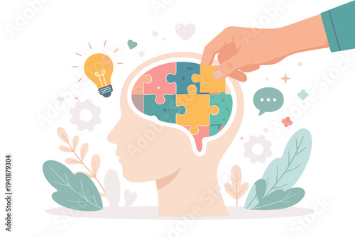 Mental Health Psychology Concept with Human Head Profile and Brain Puzzle Pieces, Hand Adding Final Piece for Solution, Lightbulb Idea, Emotional Wellbeing, Therapy, and Cognitive Development.