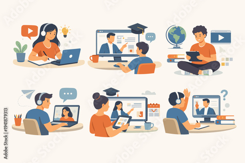 Online Education Vector Set Featuring Students Learning from Home Using Laptops, Tablets, and Computers; Flat Illustration of Remote Schooling, E-learning, Video Calls, and Digital Study Concept.