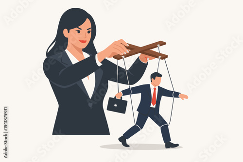 Businesswoman Boss Manipulating a Businessman Puppet with Strings in a Flat Vector Illustration, Representing Corporate Power Dynamics, Control, Influence, and Management Hierarchy Concept.