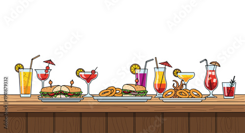 A dark brown wooden bar counter is laden with plates of sandwiches and onion rings, alongside an assortment of colorful cocktails, viewed from the front.