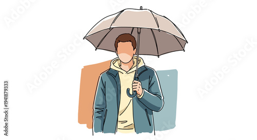 A man stands under an umbrella on a rainy day outside