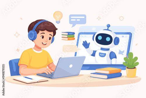 Boy Student Using Laptop for Online Education with AI Robot Assistant Vector Illustration of Child Learning with Artificial Intelligence Technology and Virtual Tutor for School Study at Home