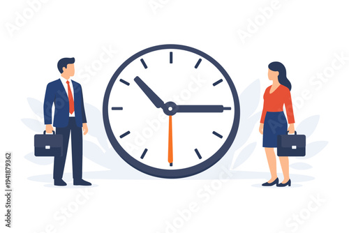 Professional Businessman and Businesswoman with Briefcases Standing Beside a Giant Clock, Representing Time Management, Deadlines, Productivity, and Corporate Schedule in Flat Vector Design.