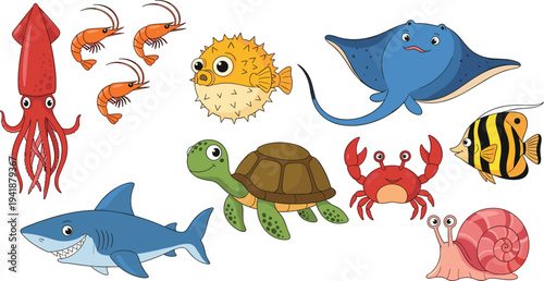 Cute Ocean Sea Animals Cartoon Vector Set with Shark, Stingray, Turtle, Squid, Crab, Shrimp, Puffer Fish and Tropical Fish Illustrations.