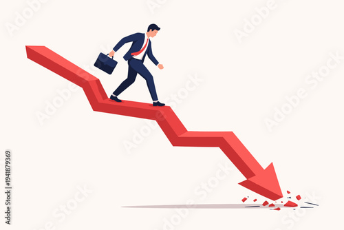 Businessman in a Suit Walking Down a Falling Red Arrow Symbolizing Economic Crisis, Financial Recession, Stock Market Crash, and Business Failure in a Flat Vector Illustration Style Concept