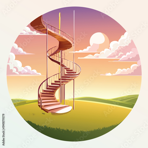 Spiral staircase reaching for a vivid sunset sky