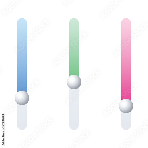 A colorful graphic design featuring three vertical bars with gradient colors and reflective surfaces