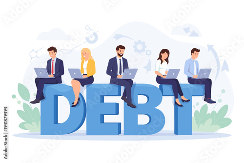 Professional business team sitting on large blue letters spelling DEBT while working on laptops, flat vector illustration of financial burden, corporate loan, economic crisis, and credit risk.
