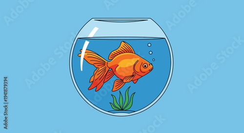 A vibrant orange goldfish swims in a clear fishbowl with blue water