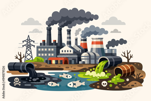 Industrial factory complex polluting the environment with toxic smoke from chimneys and chemical waste flowing from pipes into water killing fish and soil, flat vector illustration concept art.