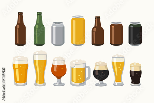 Flat vector illustration of various beer glasses, bottles, and cans. Set includes pint, mug, pilsner, and tulip glasses with lager, stout, and ale for brewery, pub, and bar menu design.