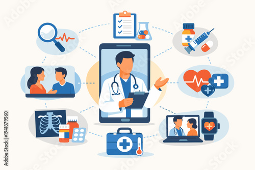 Online Healthcare and Telemedicine Concept Vector Illustration with Doctor on Smartphone Screen, Medical Icons for Diagnosis, Treatment, Patient Consultation, and Digital Health Monitoring.