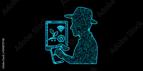 Smart Agriculture and AgriTech Concept with Farmer Using Tablet for IoT Crop Monitoring and Automated Farming in Blue Mesh Wireframe Style