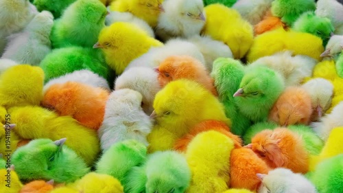 multicolored chickens, close-up, slow motion
