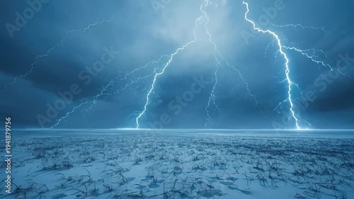 Painful energy in the breeze across dark storm horizon where violent lightning tears silent sky