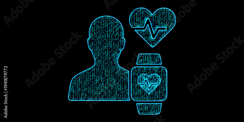 Smart Health Monitoring and Wearable Technology Concept with Person Silhouette Heart Rate Pulse and Smartwatch in Blue Digital Mesh Wireframe Style