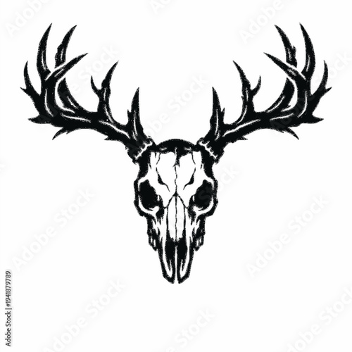Bold Minimalist Deer Skull Illustration with Majestic Antlers on White Background