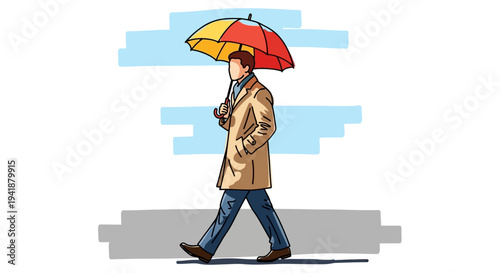 A man walking in the rain with a colorful umbrella