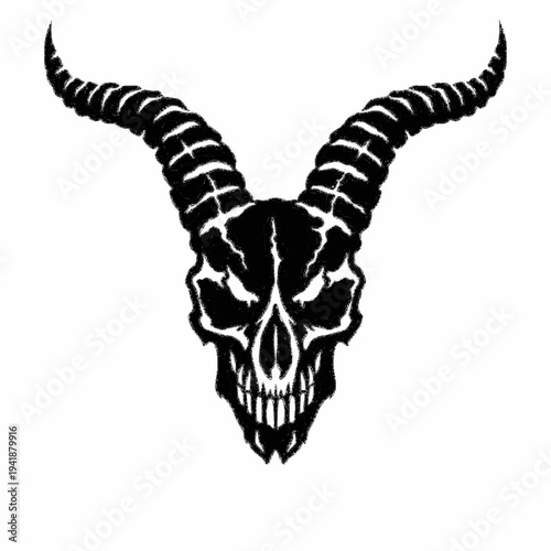 Gothic Demon Skull Illustration with Large Curved Horns and Menacing Expression