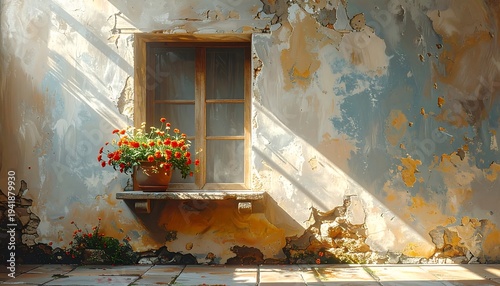 Rustic Window with Flowers and Sunlight on Weathered Wall.