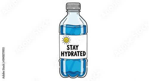 A cartoon illustration of a water bottle with a stay hydrated label